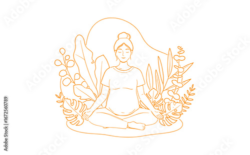 Tranquil Pregnant Woman Meditating Serene Amidst Lush Green Foliage Illustration