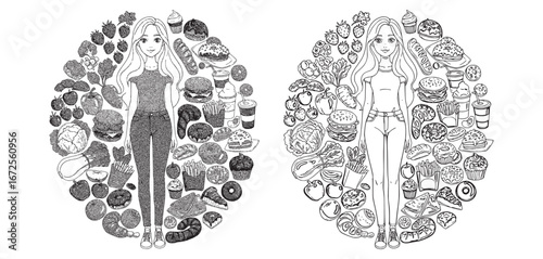 Vector Illustration of Healthy and Unhealthy Food Choices Encircling a Stylish Cartoon Girl