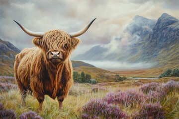 Tableau sur aluminium  The Scottish countryside is home to a majestic Highland cow, distinguished by its flowing red hair, as it stands in a serene and misty meadow  © AVR