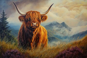 Tableau sur aluminium  A Highland cow of majestic appearance, characterized by its flowing red locks, is seen standing in a picturesque and misty meadow located in the Scottish countryside  © AVR