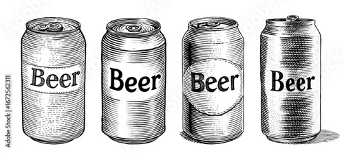 Beer cans in an engraving style, in black and white