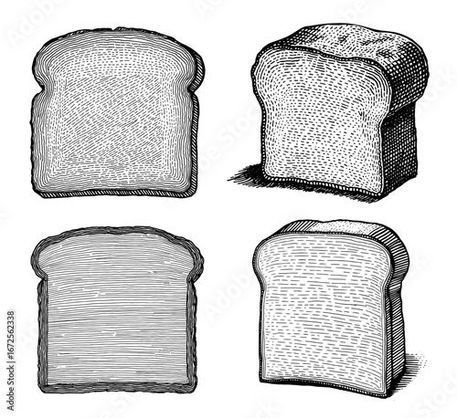 Sliced bread illustration in vintage woodcut style, black and white, for bakery and food concepts.