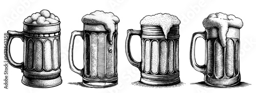 Illustration of beer steins in a black-and-white woodcut style
