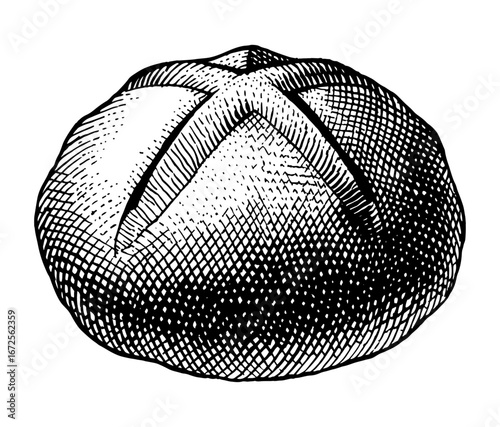 Round bread roll in vintage engraving style, black and white