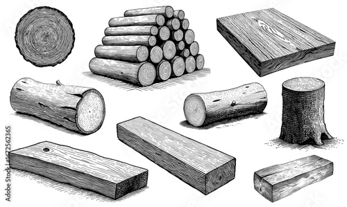 Collection of wood illustrations in a engraved style, in black and white, for depicting lumber and forestry.