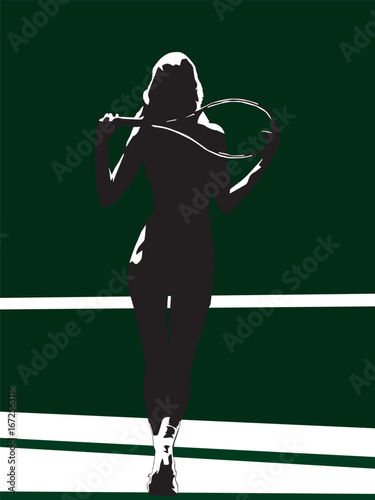 silhouette of a slender girl in a relaxed pose with a tennis racket on her shoulders, against the background of a dark green tennis court