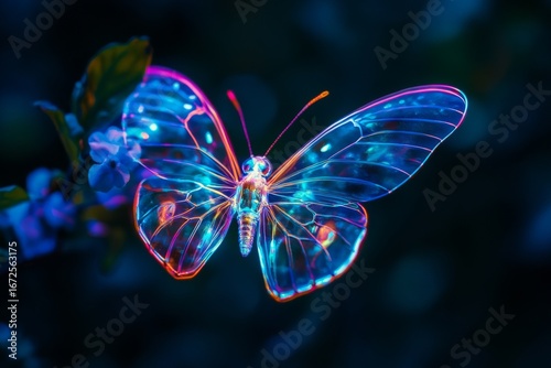 A futuristic holographic butterfly is depicted with neon colors in a natural digital environment