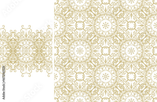 Set of golden decorative elements -  ornamental vector border ribbon, openwork textures, oriental style, on white background	