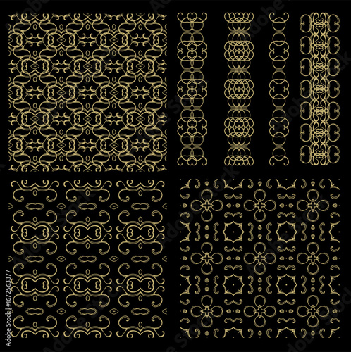 Set of Golden ornamental seamless vector patterns, medieval, oriental style	
