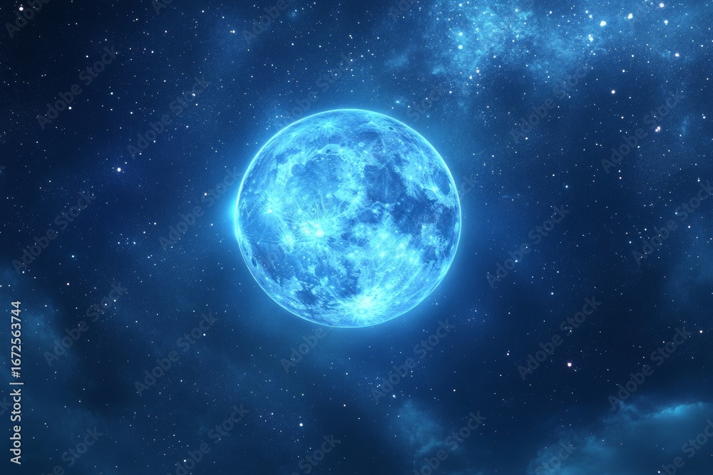 Obraz premium The night sky is filled with a mystical aura, illuminated by a bright blue moon and a constellation of twinkling stars