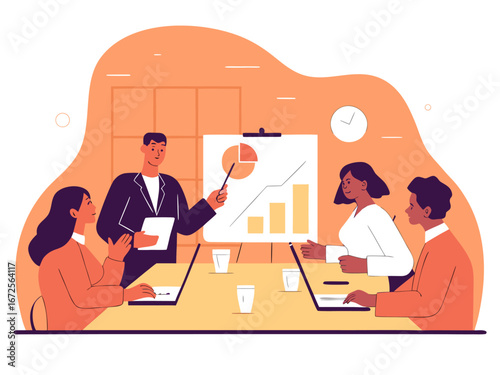 Business meeting scene with diverse professionals discussing quarterly goals and success strategies
