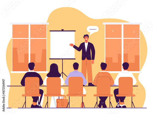 Businessman giving motivational speech during team-building seminar in conference room setting