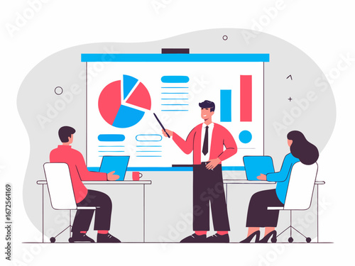 Businessman presenting data analytics on whiteboard during formal team meeting presentation