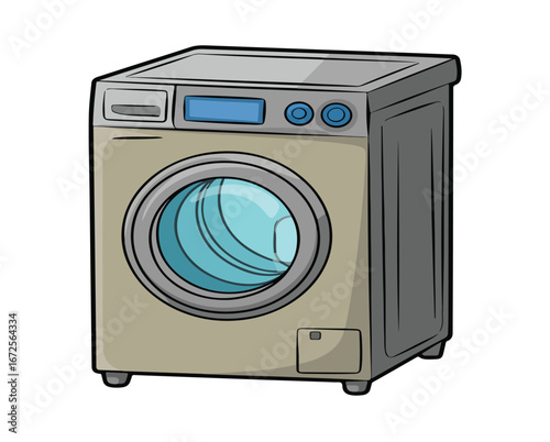 Front load washing machine vector illustration isolated on a white background with clothes