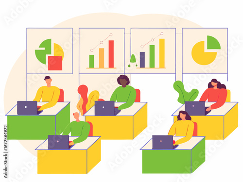 Isometric office environment with employees working on laptops and analyzing business