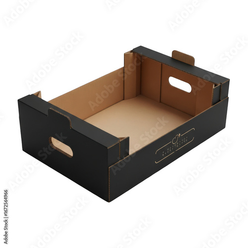Empty black cardboard produce crate isolated on transparent background