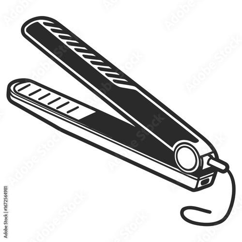 Black and White Illustration of a Hair Straightener on White Background hair styling beauty