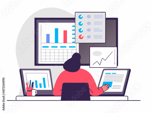 Isometric workspace showing multitasking businesswoman working with data charts and planner