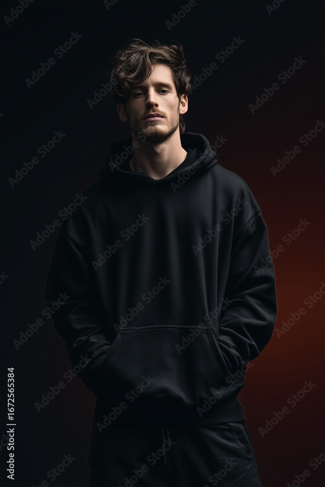 Fototapeta premium An expressive portrait of a handsome young man in a minimalist black hoodie, capturing a blend of casual style and quiet contemplation, against a dramatic dark backdrop