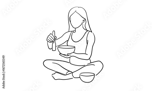 Girl meditating with singing bowls isolated on white background. Relax line art drawing. Vector illustration	