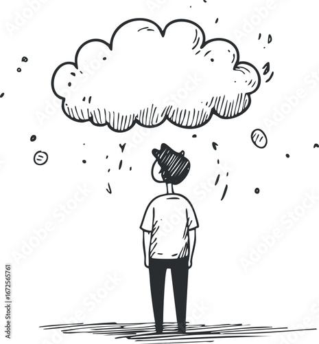 Black and white sketch of a person wearing a hat standing under a rain cloud with raindrops falling