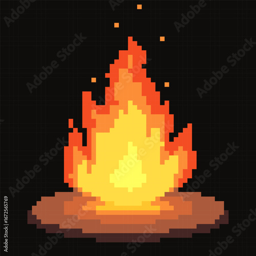 Bright pixel art bonfire illustration. Perfect for game development, web design, or any creative project needing a retro aesthetic. Isolated vector image on black background.