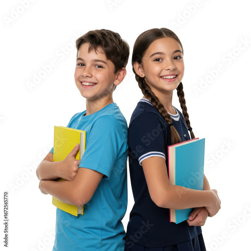 Two smiling young students holding books standing back to back isolated on transparent background ready for learning