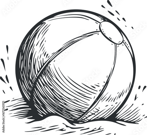 Black and white sketch illustration of a striped inflatable beach ball bouncing on sand