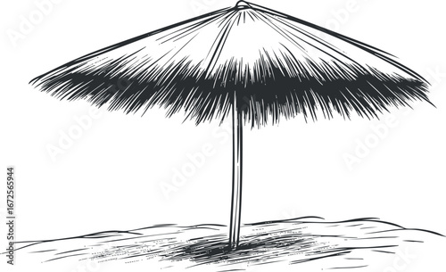 Black and white sketch of a beach umbrella providing shade on sandy ground for summer relaxation.