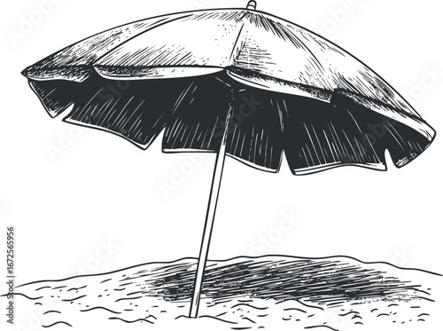 Hand-drawn illustration of a beach umbrella stuck in the sand providing shade on a sunny day.