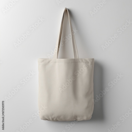 A plain off-white canvas tote bag hangs from a hook against a simple white background, showcasing its minimalist design and versatility