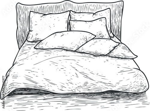 Hand-drawn sketch of a bed with pillows and blanket showing cozy bedroom furniture and sleep essentials