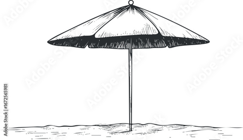 Black and white sketch of a beach umbrella providing shade on sandy beach for outdoor summer relaxation