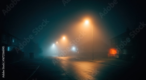 Foggy street scene with orange streetlights illuminating a road lined with houses