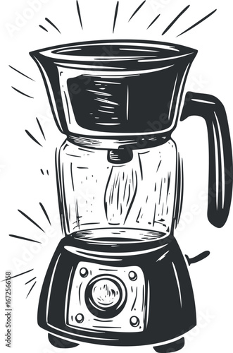 Black and white illustration of an electric coffee maker with a glass pot and handle