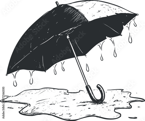 Hand-drawn black and white illustration of an open umbrella with water drops dripping into a puddle below