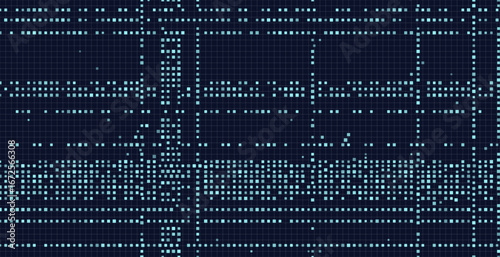 Digital circuit pattern on dark grid background with blue dots.