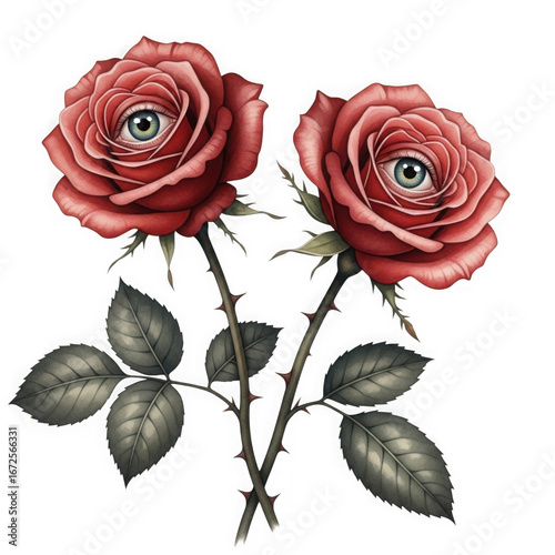 Surreal surrealism two red roses with green eyes symbolizing watchful beauty and mysterious flora  halloween watercolor transparent background 
