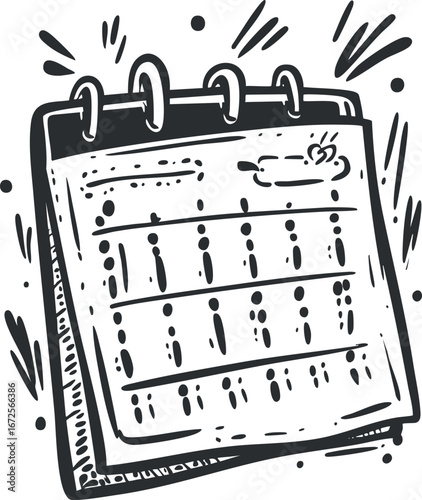 Black and white sketch of a desktop calendar with ring binding and date grid for planning and scheduling