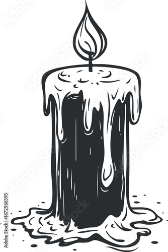 Black and white illustration of a melting candle with a flickering flame and dripping wax