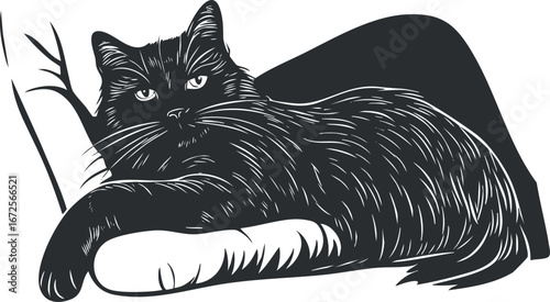 Black and white illustration of a cat lying relaxed on a surface looking calm and alert