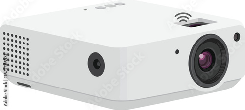 A clean and modern white projector illustration, perfect for themes of technology, business, presentations, and home entertainment.