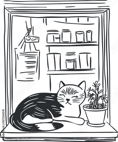Black and white line art drawing of a cat resting on a windowsill next to a potted plant with shelves in the background