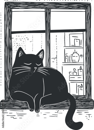 Illustration of a black cat sleeping peacefully on a windowsill with a window and indoor background