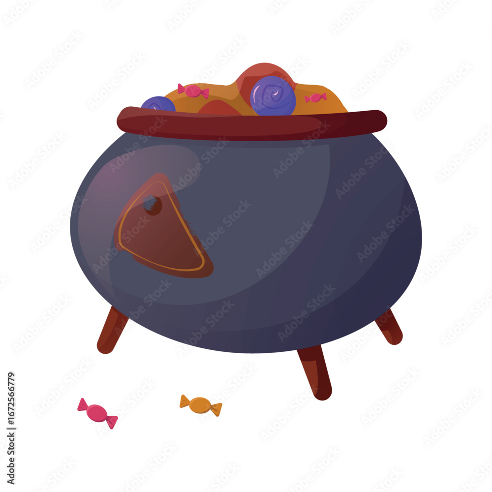 Naklejka premium Halloween candy cauldron filled with assorted sweets in a charming spooky style - nostalgic candy pot with subtle creepiness, perfect for holiday decor, party invites, treat labels