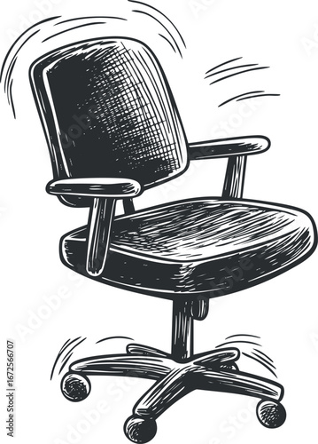 Black and white sketch of an office swivel chair with armrests and wheels for workspace use