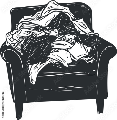 Messy armchair filled with a pile of wrinkled clothes and fabric in a home living room