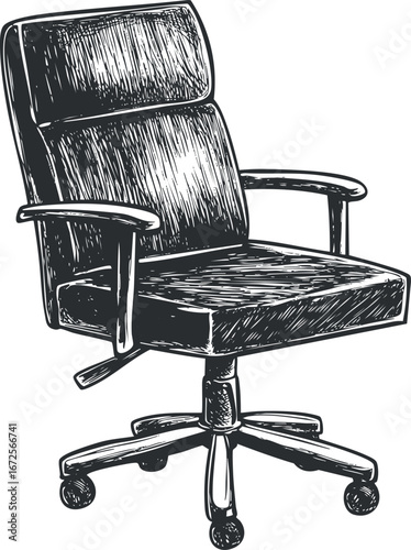 Hand drawn illustration of an adjustable office chair with armrests and wheels for workspaces