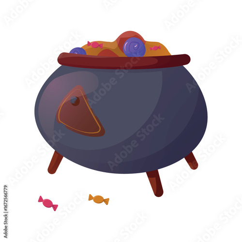 Halloween candy cauldron filled with assorted sweets in a charming spooky style - nostalgic candy pot with subtle creepiness, perfect for holiday decor, party invites, treat labels
