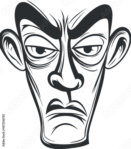 Black and white cartoon illustration of a human face showing an angry and displeased expression with exaggerated features.